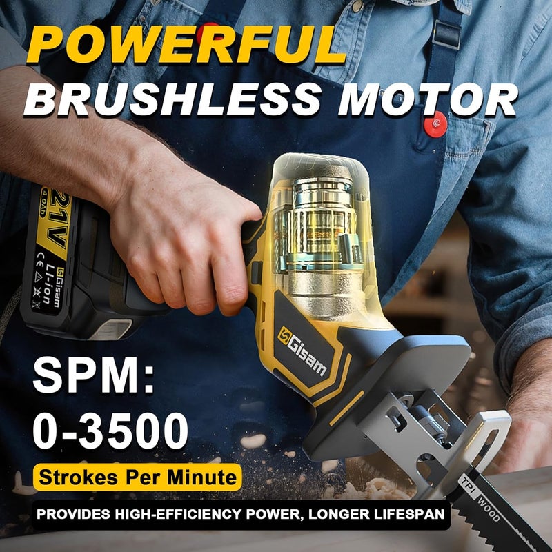 GIISAM Cordless Reciprocating Saw -2x4.0Ah Batteries, Brushless Motor, 3500SPM Max, One-Hand Operation, Tool-Free Blade Change, for DIY & Home Users - Image 2